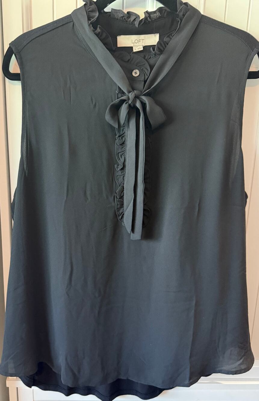 Loft sleeveless button front top front neck tie in black sz XL NWT
